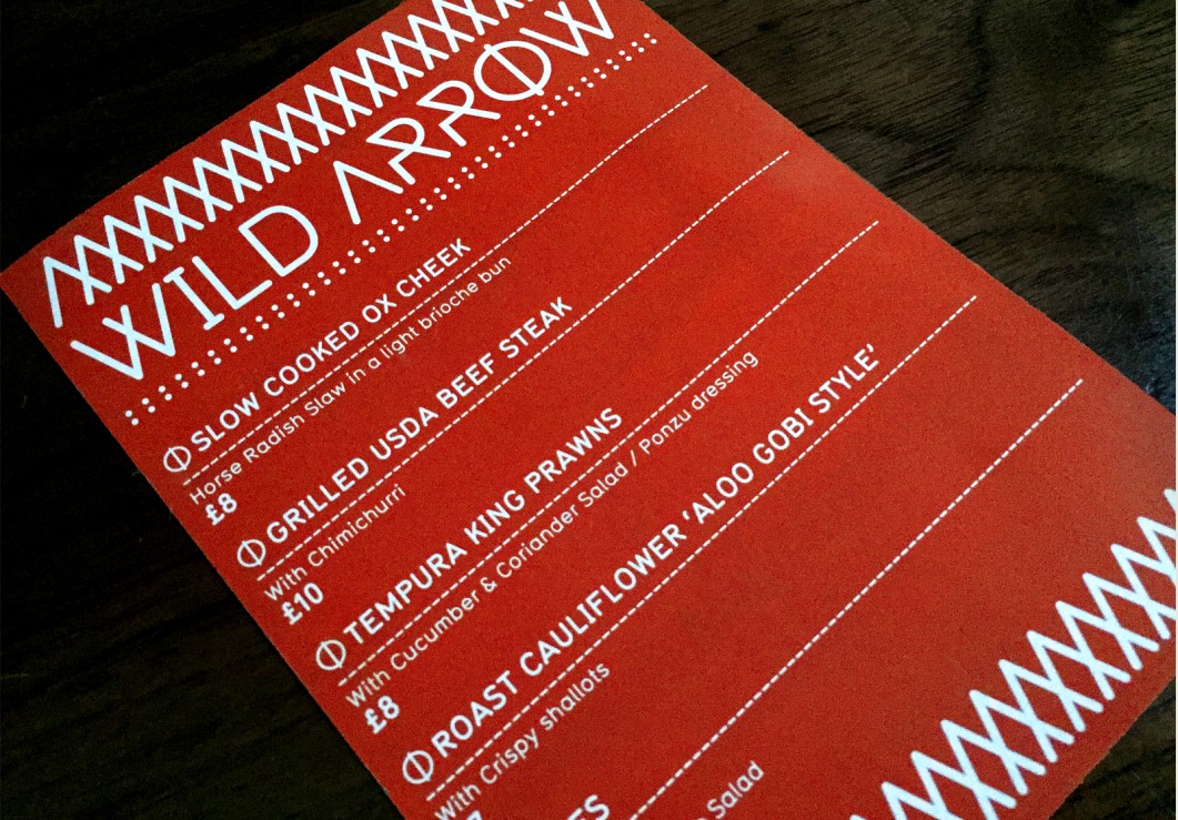Wild Arrow food menu at Moniker Art Fair design by Form